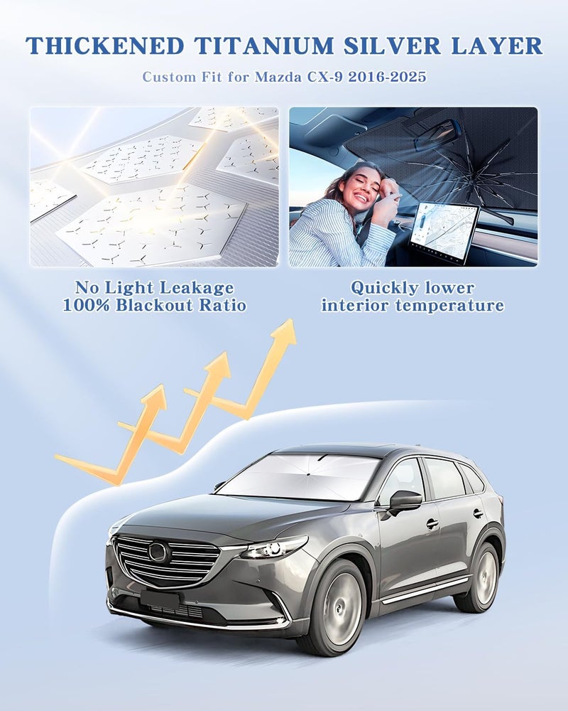 Epltion Portable for Mazda CX-9 CX9 2016-2025 Windshield Sunshade Umbrella with Carry Bag, 2 in1 Ice Crystal Durable Compact Shade Umbrella UPF50+ UV Front Window Heat Insulation Protection Outdoor Camping - Image 2